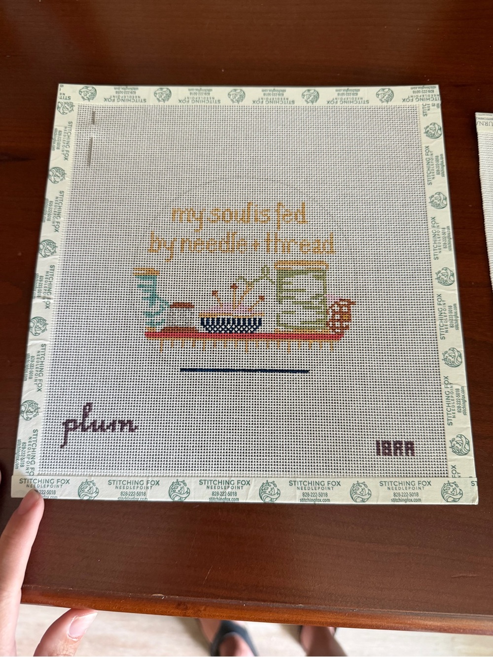 Plum Printed Cross Stitch Canvas - 'My Soul's Fed By Needle & Thread'